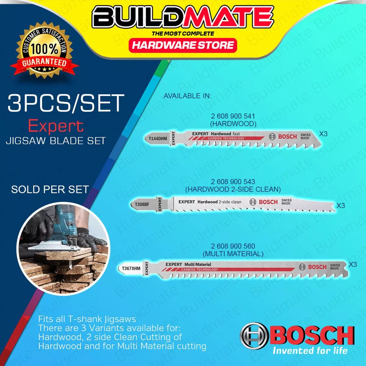 (3PCS) BUILDMATE Bosch 100MM Jigsaw Blade Set Carbide Straight Cut Saw Blades for Wood Cutting - BAX