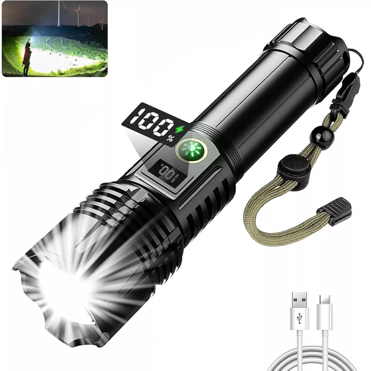 ZORBES Linterna LED recargable, linterna superbrillante de 2000 lmenes de alta potencia con 5 modos, potente linterna USB-C alimentada por batera 26650